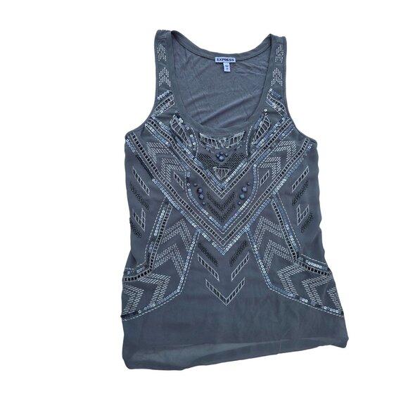 Express Gray Sleeveless Embellished Tank Top With Geometric Beaded Accents - Picture 1 of 5